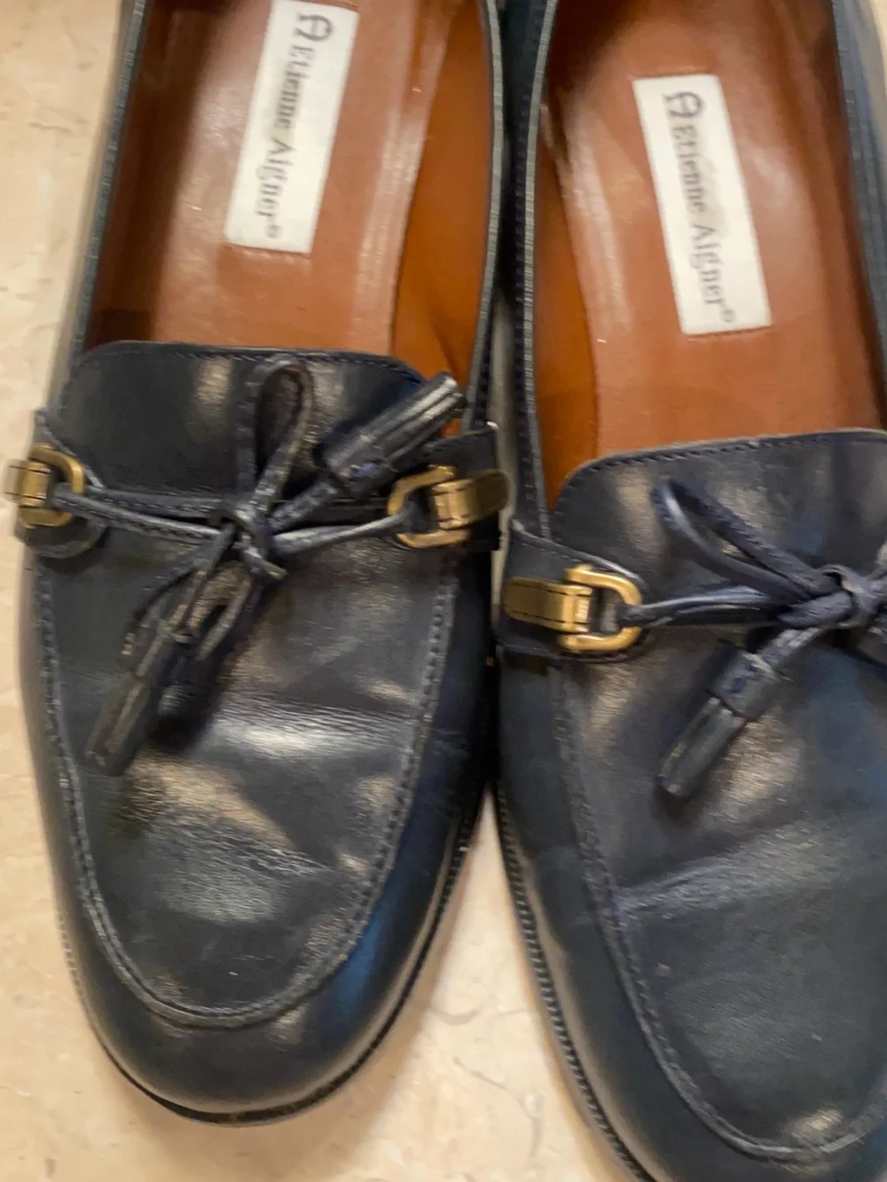 Etienne Aigner Navy Leather Tassel Loafers with Gold Bit